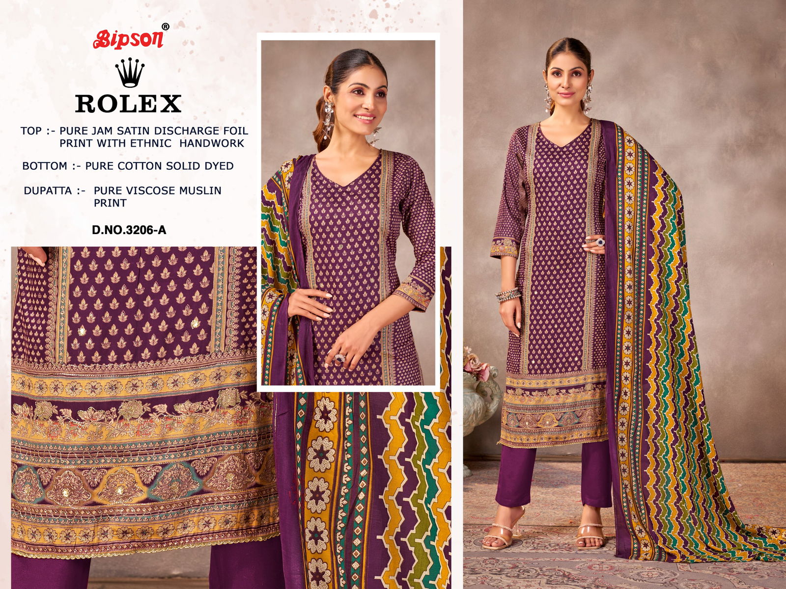 Rolex 3206 By Bipson Jam Satin Printed Dress Material Orders In India